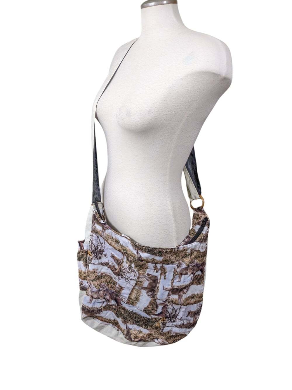 Wolf Fox Nature Print Tote Shopping Bag Zip Closure Adjustable Strap Handmade